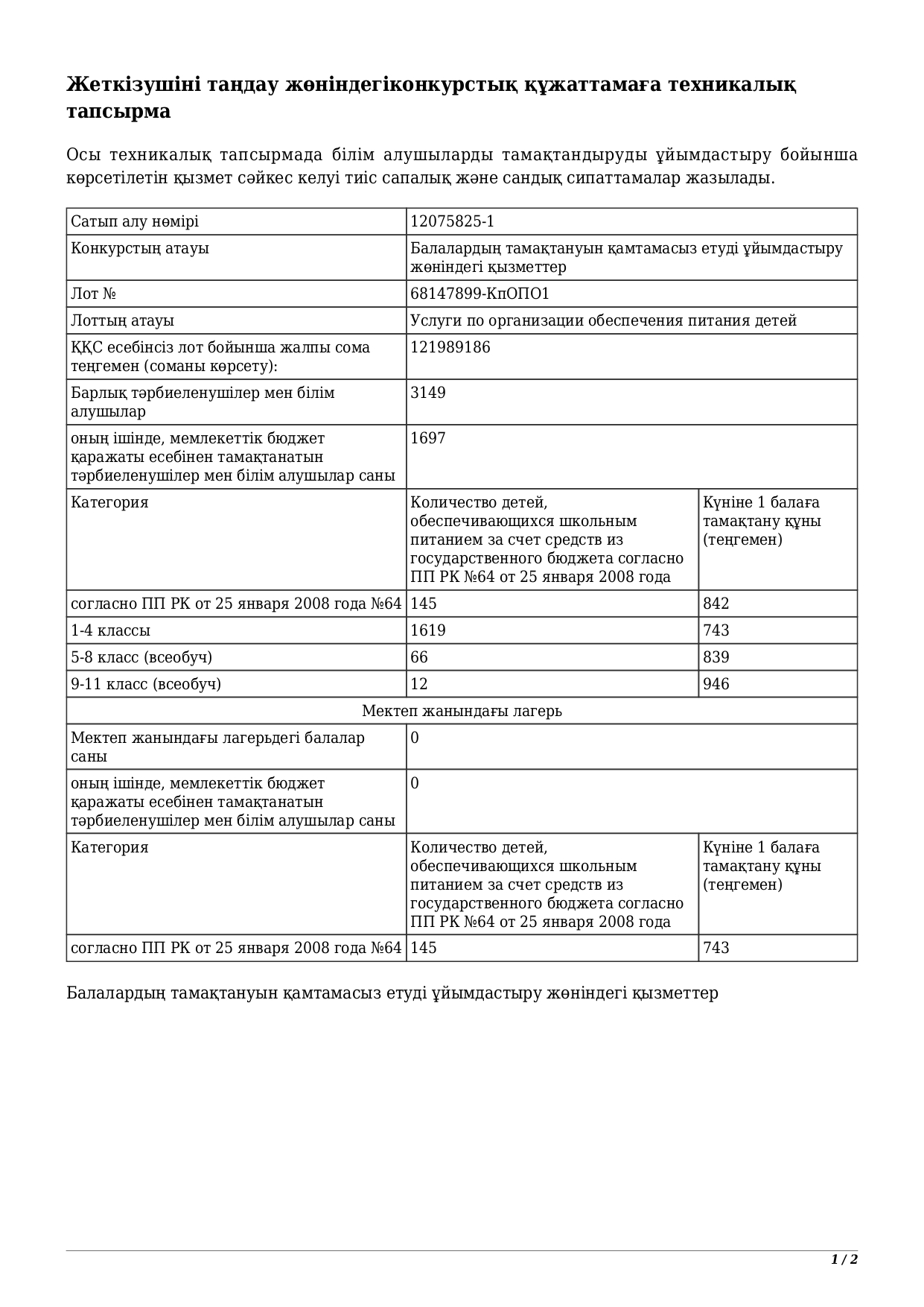 Техникалық тапсырма конкурсқа